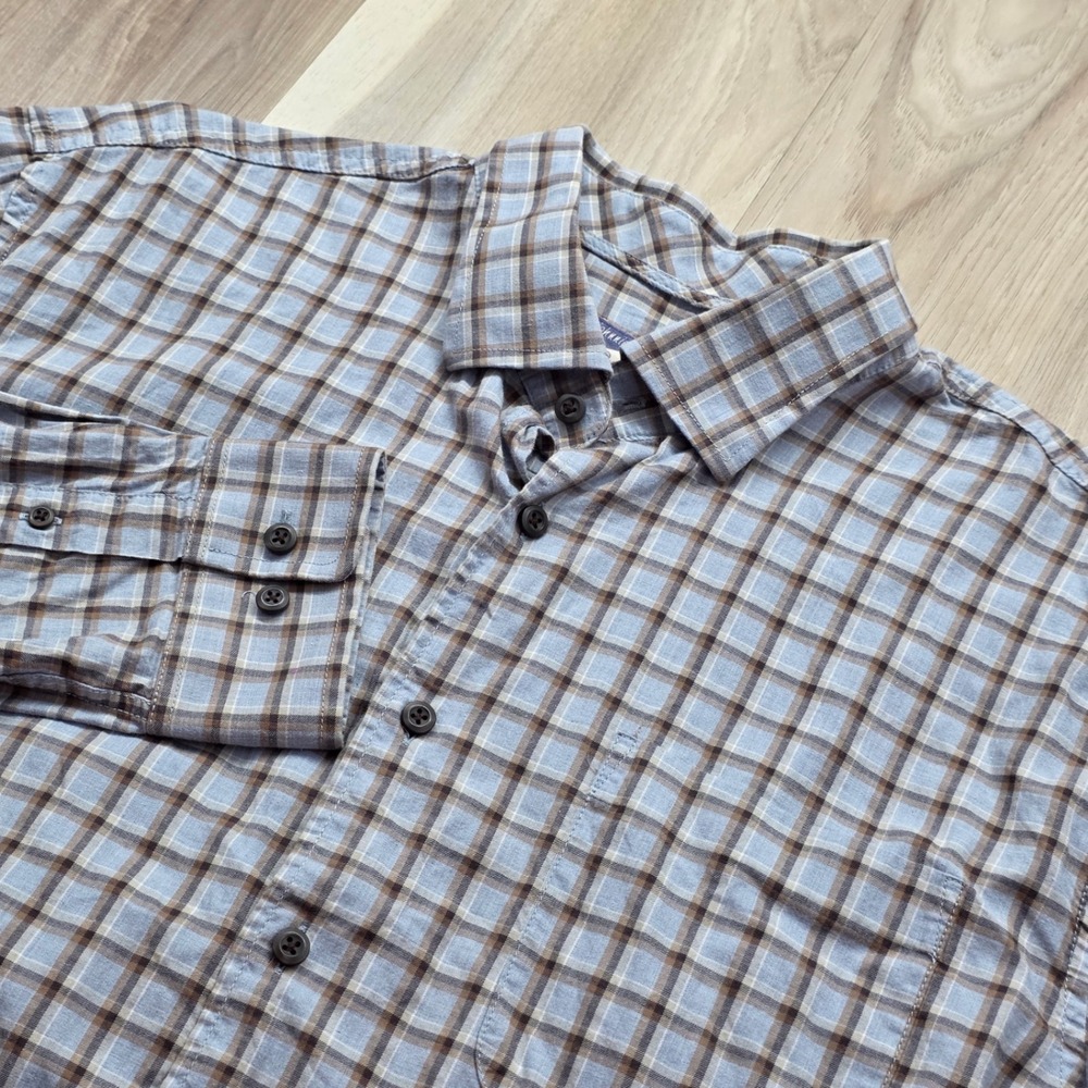 Johnnie-O Hangin Out Mens XL Blue Brown Plaid Cotton Button Down Long Sleeve